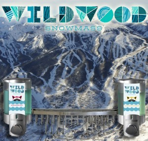 Wildwood snowmass dispensers connected by metal rack with snowy mountains in background dispenser amenities