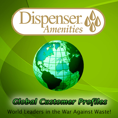 Dispenser amenities logo global warming profiles world leaders in the war against waste globe in background dispenser amenities