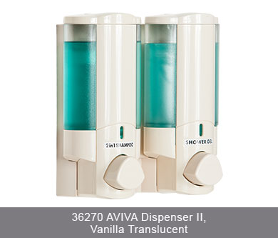 aviva dispenser II 2 in 1 shampoo and shower gel dispensers on white background 36270 aviva dispenser II, vanilla translucent dispenser amenities