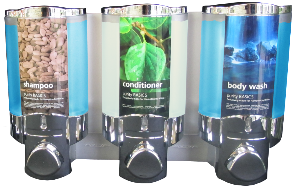 aviva shampoo conditioner and body wash dispensers chrome translucent on transparent background dispenser amenities