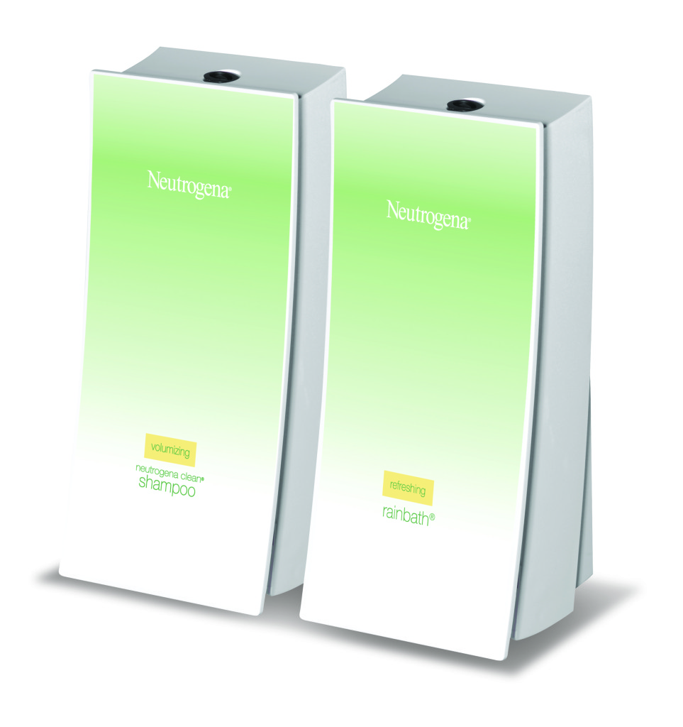 Two wave shampoo and rainbath neutrogena dispensers on white background dispenser amenities