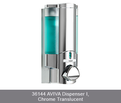 chrome soap dispenser on white background 36144 AVIVA dispenser I chrome translucent dispenser amenities