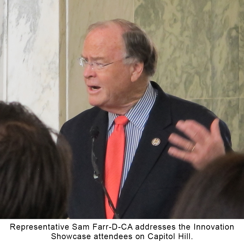 Representative sam farr-d-ca addresses the innovation showcase attendees on capital hill dispenser amenities