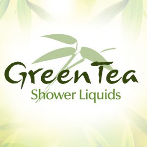 Green Tea Shower liquids logo green and yellow background dispenser amenities