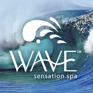 wave sensation spa logo with rolling wave in background dispenser amenities