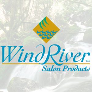 Wind River Salon Products logo with forest river in background dispenser amenities