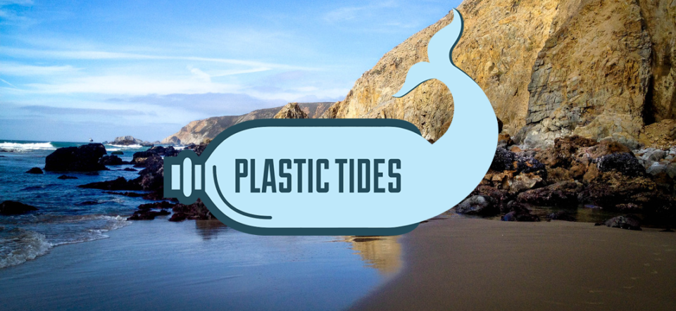 Plastic tides logo in front of rocky shoreline dispenser amenities