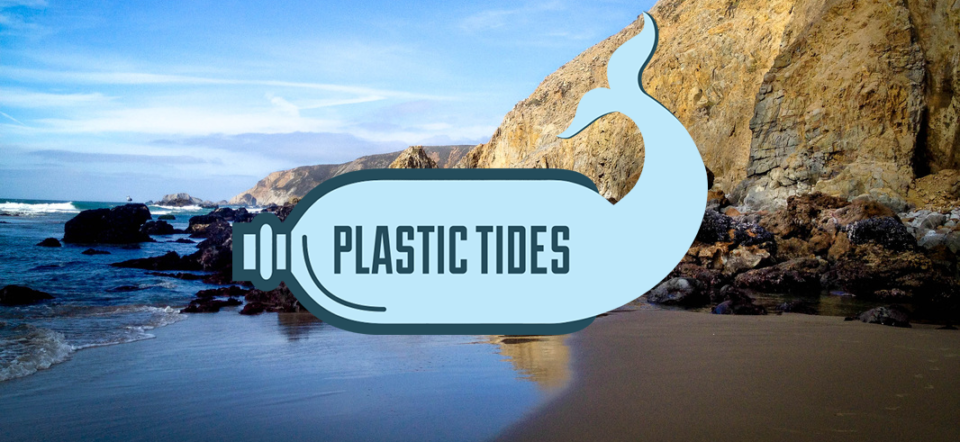 plastic tides logo in front of rocky shoreline dispenser amenities