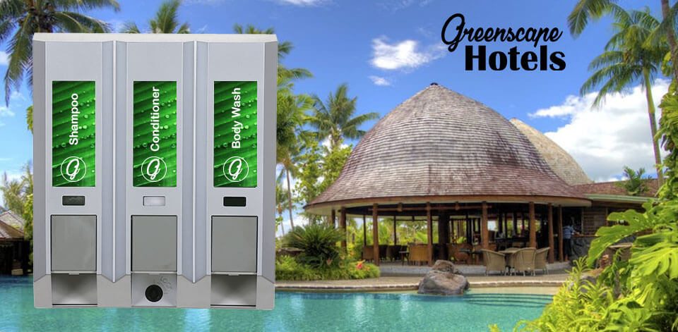 Greenscape hotels shampoo conditioner and body wash dispensers connected domed roof hut large pool dispenser amenities