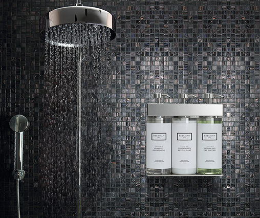 Luxury shower in domestic bath with italian glass mosaics